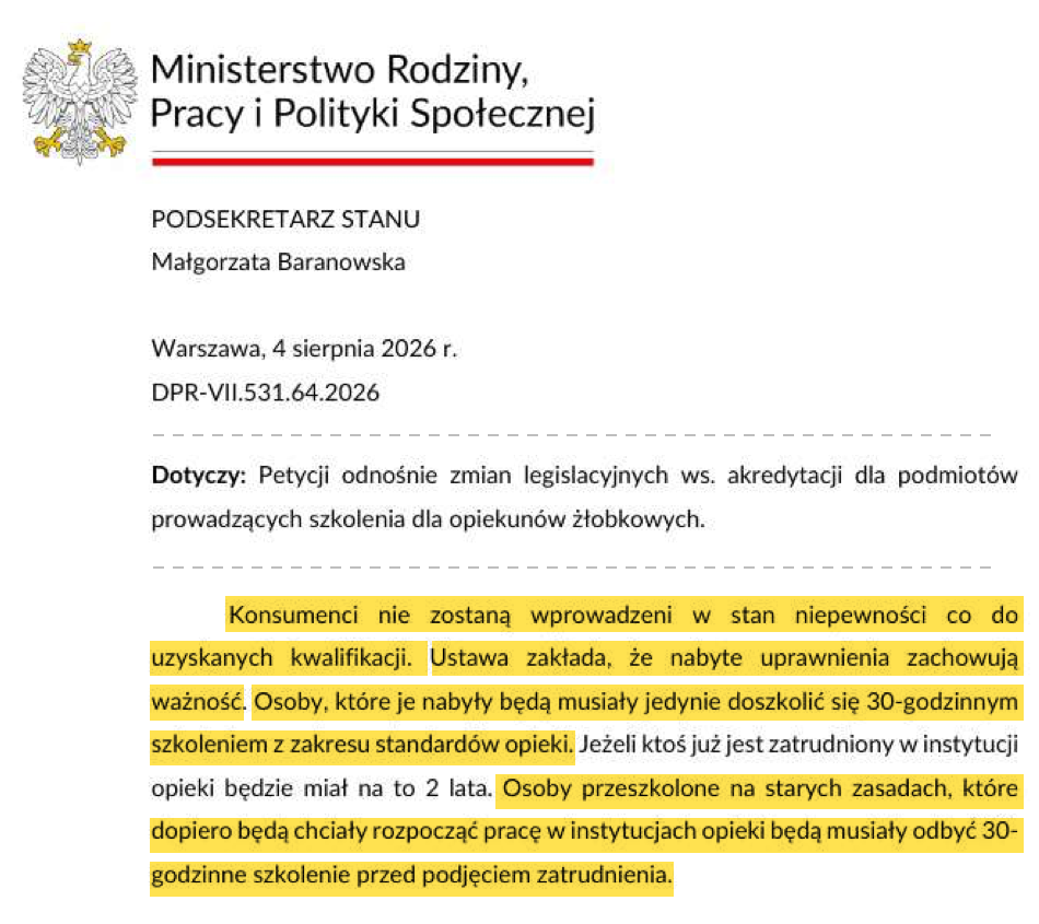 Fragment pisma MRPiPS DPR-VII.531.64.2026 z 4 sierpnia 2026, podpisanego przez podsekretarz stanu Małgorzatę Baranowską: konsumenci nie zostaną wprowadzeni w stan niepewności co do uzyskanych kwalifikacji; ustawa zakłada, że nabyte uprawnienia zachowują ważność; osoby przeszkolone na starych zasadach, które dopiero będą chciały rozpocząć pracę, będą musiały odbyć 30-godzinne szkolenie przed podjęciem zatrudnienia.