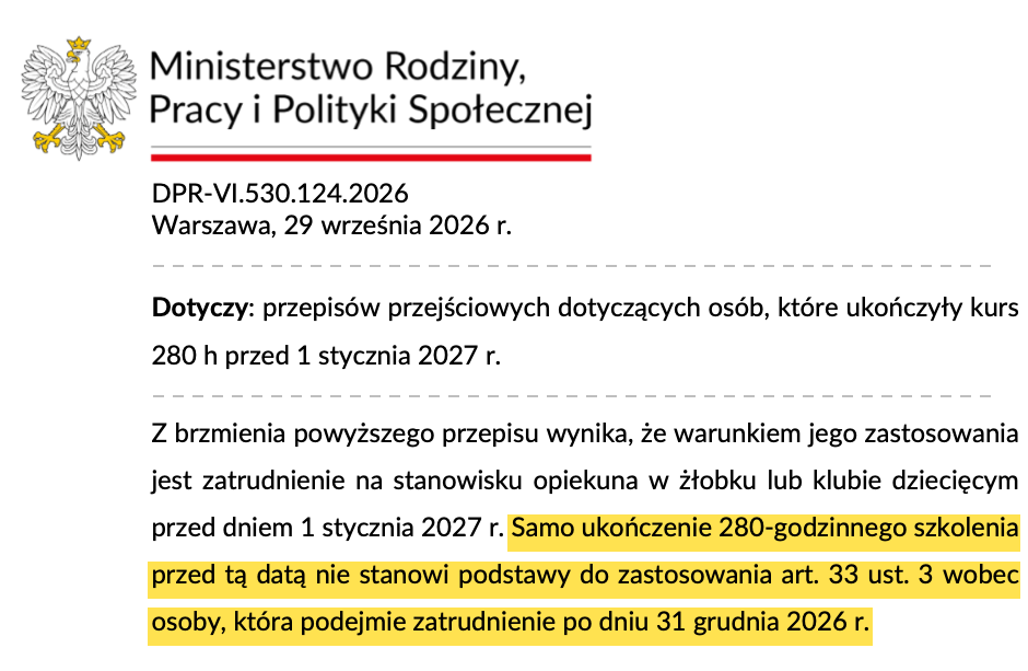 Fragment pisma MRPiPS DPR-VI.530.124.2026 z 29 września 2026: samo ukończenie 280-godzinnego szkolenia przed 1 stycznia 2027 r. nie stanowi podstawy do zastosowania art. 33 ust. 3 wobec osoby, która podejmie zatrudnienie po 31 grudnia 2026 r.