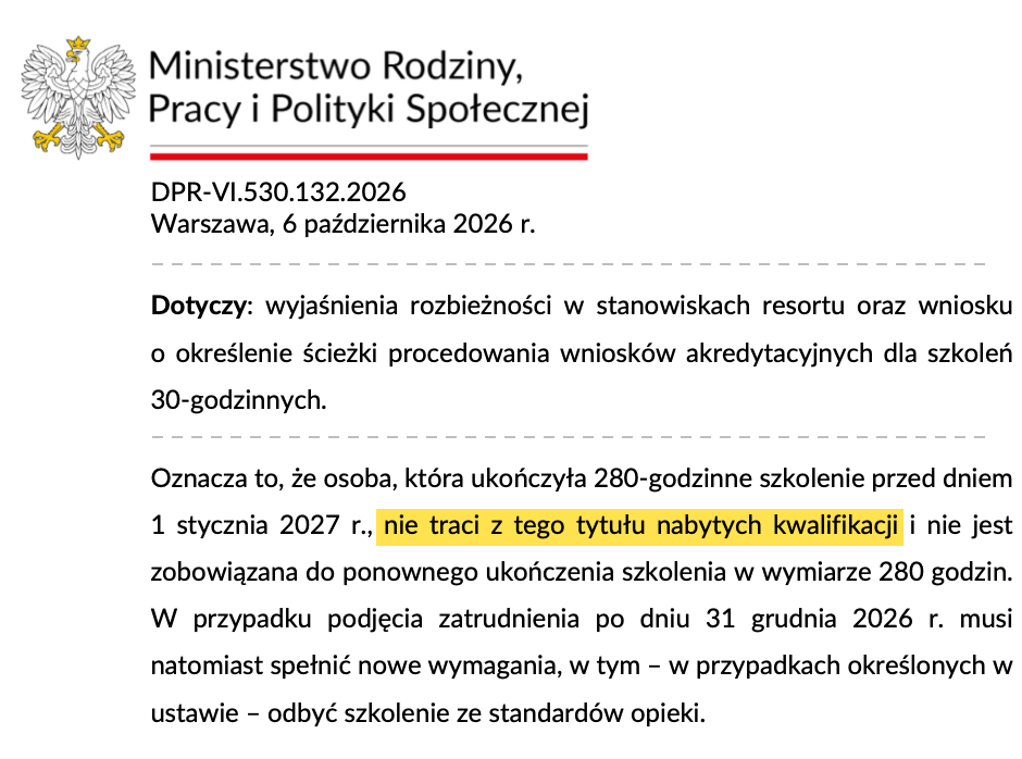 Fragment pisma MRPiPS DPR-VI.530.132.2026 z 6 października 2026: osoba, która ukończyła 280-godzinne szkolenie przed 1 stycznia 2027 r., nie traci z tego tytułu nabytych kwalifikacji.