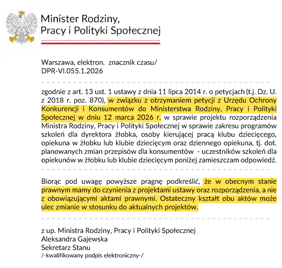 Fragment odpowiedzi MRPiPS DPR-VI.055.1.2026 na petycję przekazaną przez UOKiK 12 marca 2026, podpisanej przez sekretarz stanu Aleksandrę Gajewską: w obecnym stanie prawnym mamy do czynienia z projektami ustawy oraz rozporządzenia, których ostateczny kształt może ulec zmianie.